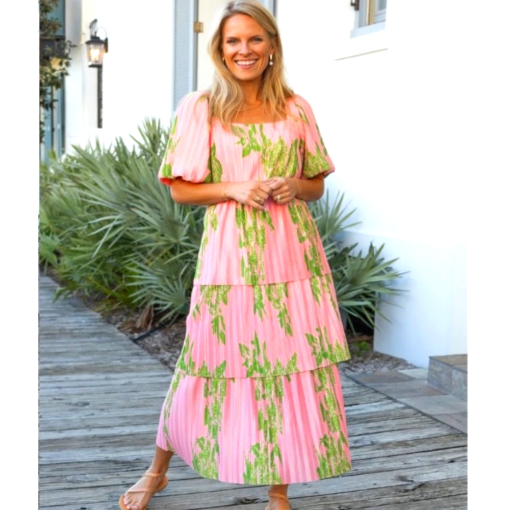 NWT Grace + Emma The Nina Floral Pink Puff Sleeve Midi Dress - S